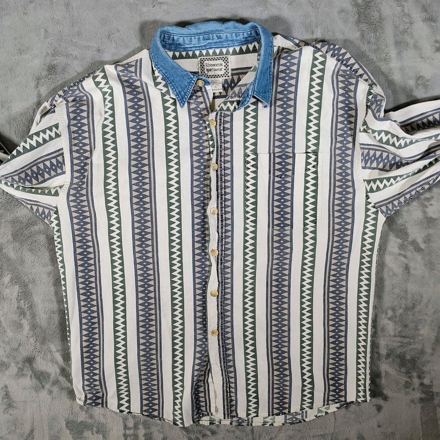 Vintage Rhinoceros Sportswear Mens Denim Collar Aztec Print Button-Up Shirt (XL)