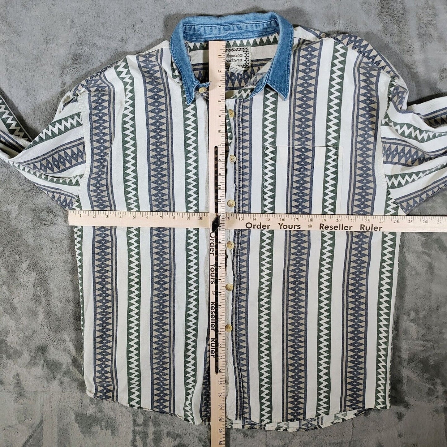 Vintage Rhinoceros Sportswear Mens Denim Collar Aztec Print Button-Up Shirt (XL)