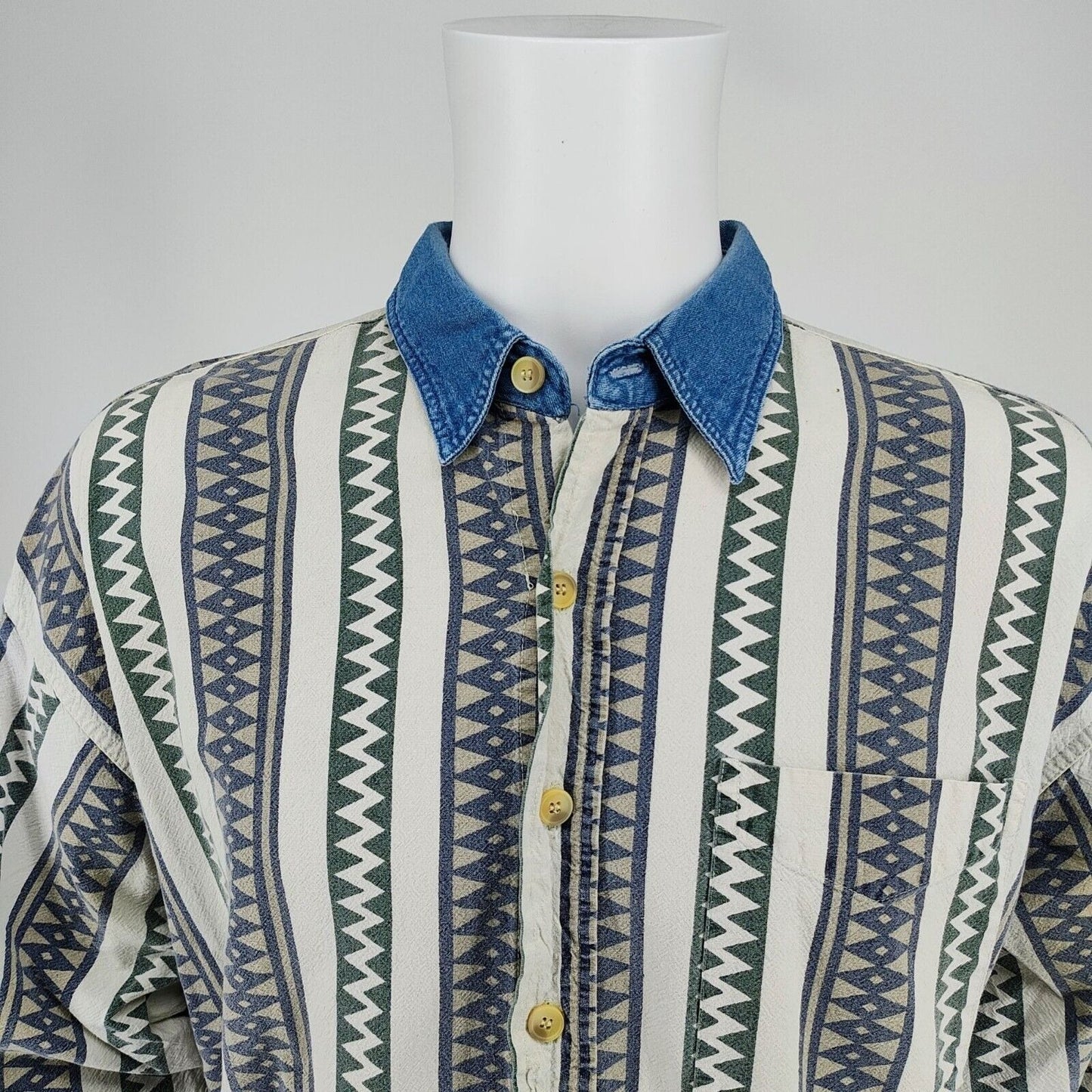 Vintage Rhinoceros Sportswear Mens Denim Collar Aztec Print Button-Up Shirt (XL)