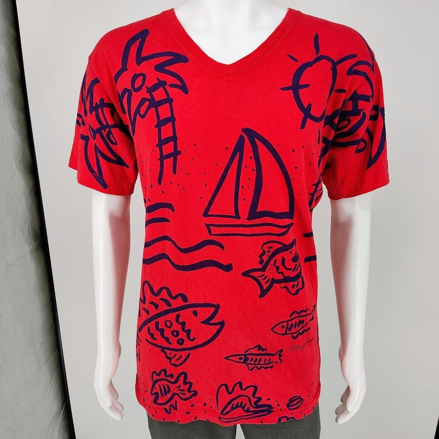 Vintage 1990 Sgt. Leisure All Over Print Red Graphic V-Neck T-Shirt (L)