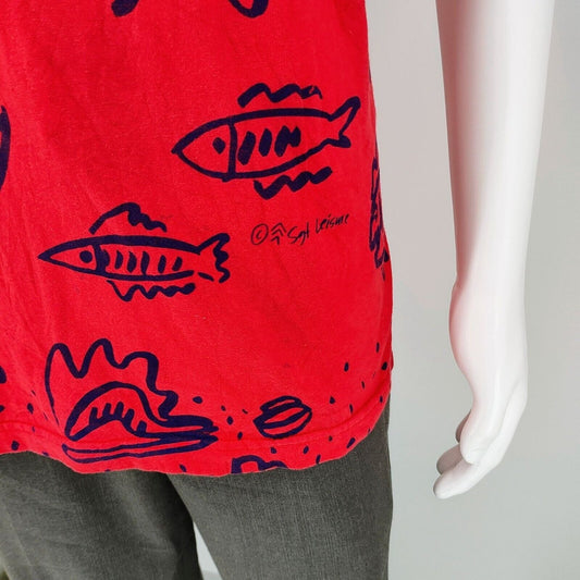 Vintage 1990 Sgt. Leisure All Over Print Red Graphic V-Neck T-Shirt (L)