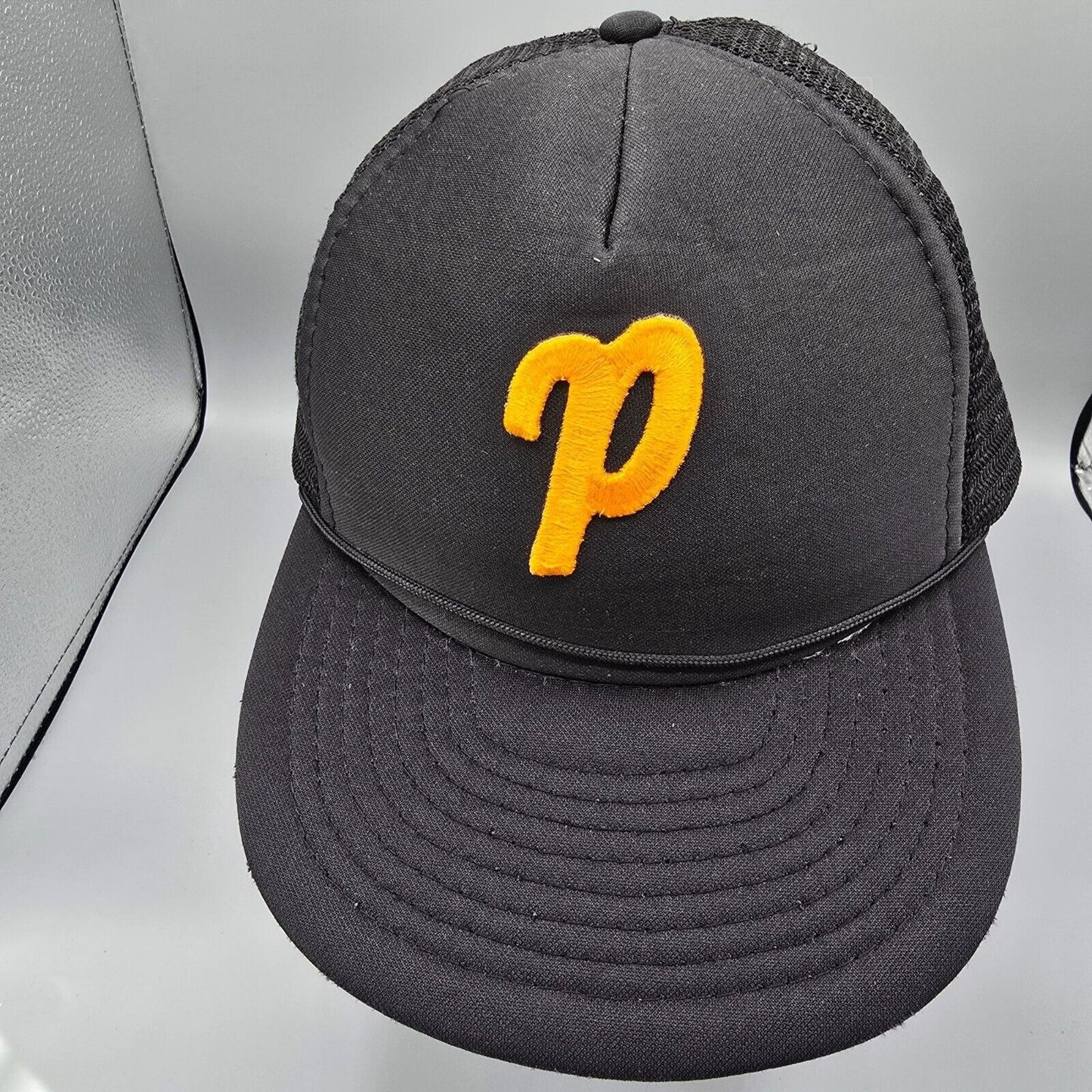 Vintage 80s/90s Embroidered "p" Logo Mesh Back Black Speedway Trucker Hat