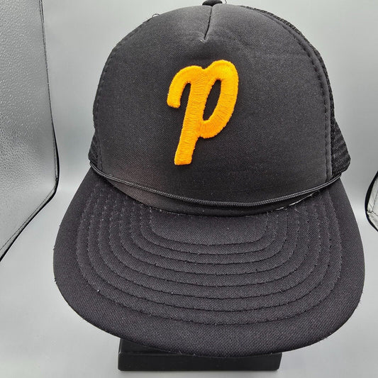 Vintage 80s/90s Embroidered "p" Logo Mesh Back Black Speedway Trucker Hat