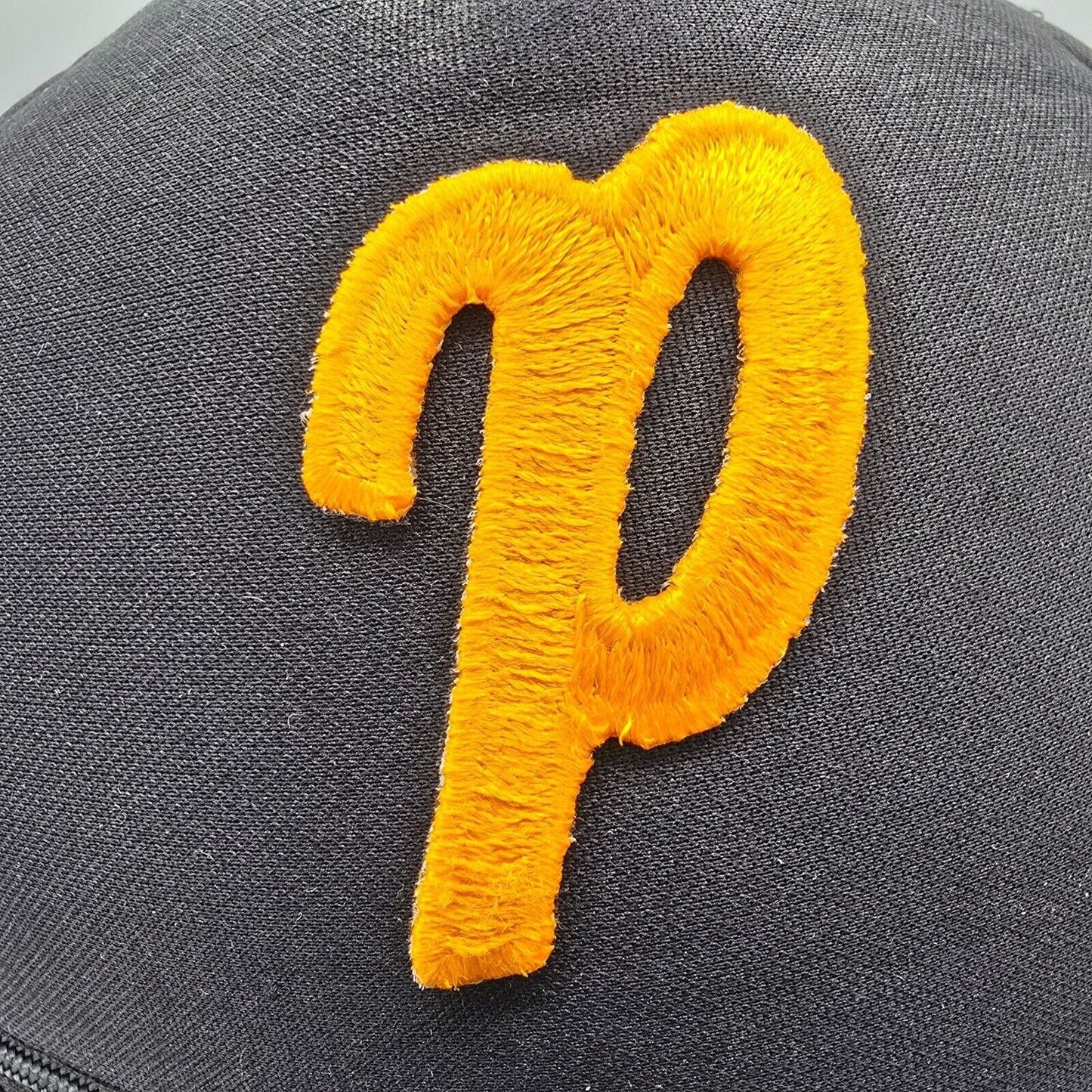 Vintage 80s/90s Embroidered "p" Logo Mesh Back Black Speedway Trucker Hat