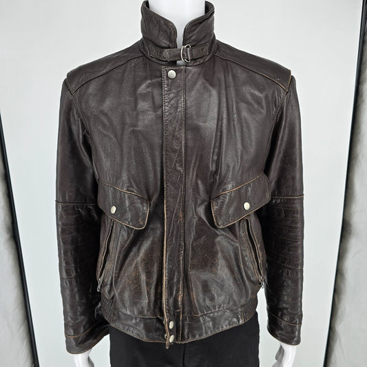 Distressed Vintage 1980s Giuseppi Verdi Dark Brown Leather Biker Jacket (L)
