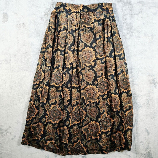 Vintage 1990s Jones Wear Petite Pleated Paisley Print Rayon Midi Skirt (Size 6)