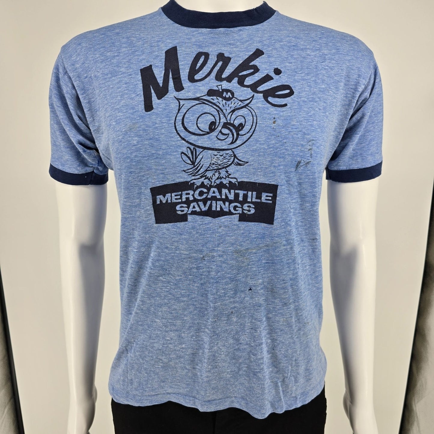 Vintage 1970s Mercantile Savings Bank Cincinnati Merkie the Owl Ringer Tee (M)