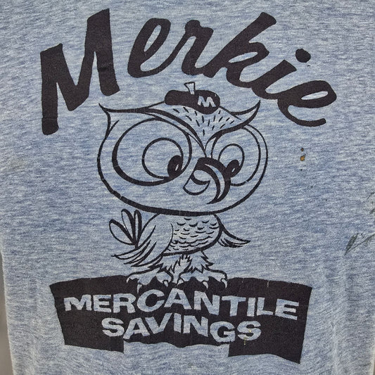 Vintage 1970s Mercantile Savings Bank Cincinnati Merkie the Owl Ringer Tee (M)