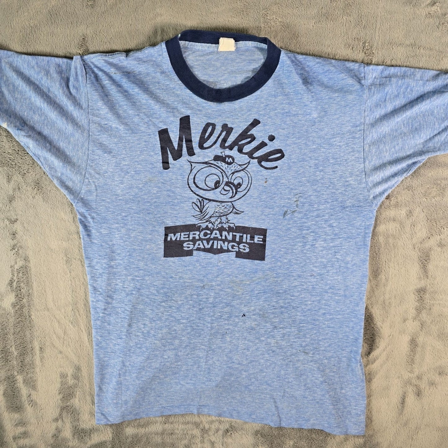 Vintage 1970s Mercantile Savings Bank Cincinnati Merkie the Owl Ringer Tee (M)