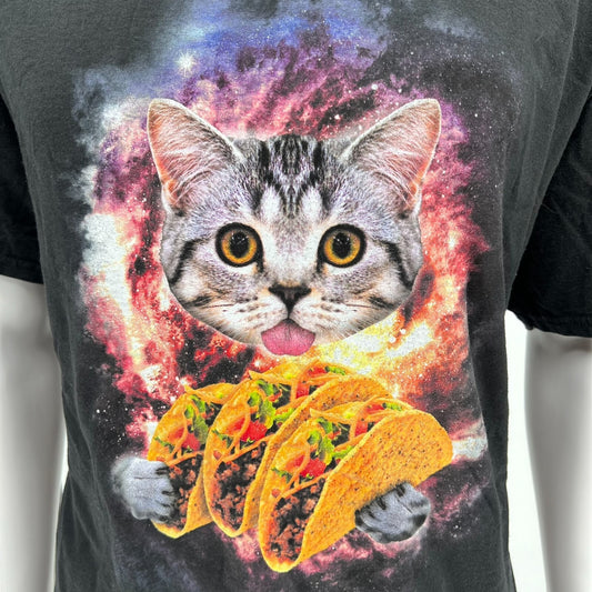Delta Soft Space Cat Tacos Galaxy Novelty Graphic Black Cotton T-Shirt (2XL)