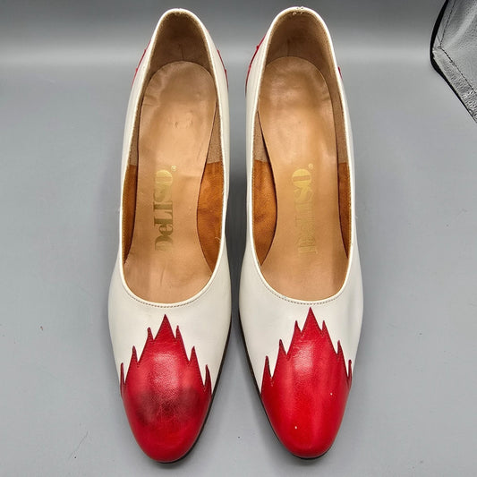 Vintage 1980s DeLiso White & Cherry Red "Flame" Color-Block Leather Pumps (8.5B)