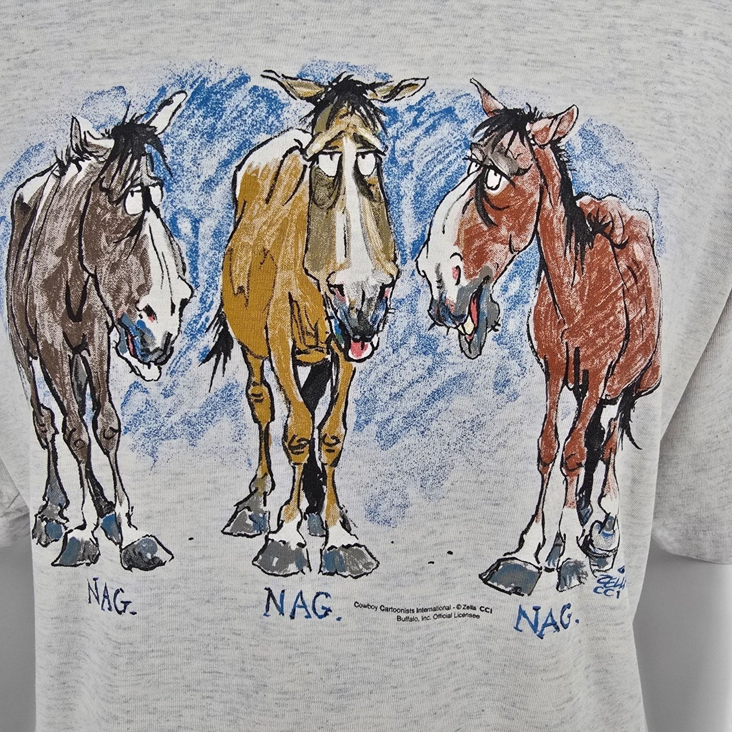 Vintage 1990s Buffalo Cal Cru Zella CCI "Nag Nag Nag" Horses T-Shirt (XL)
