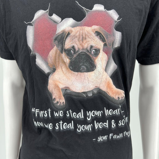 2010s Your Fawn Pug "First we steal your heart..." Black Graphic T-Shirt (Large)