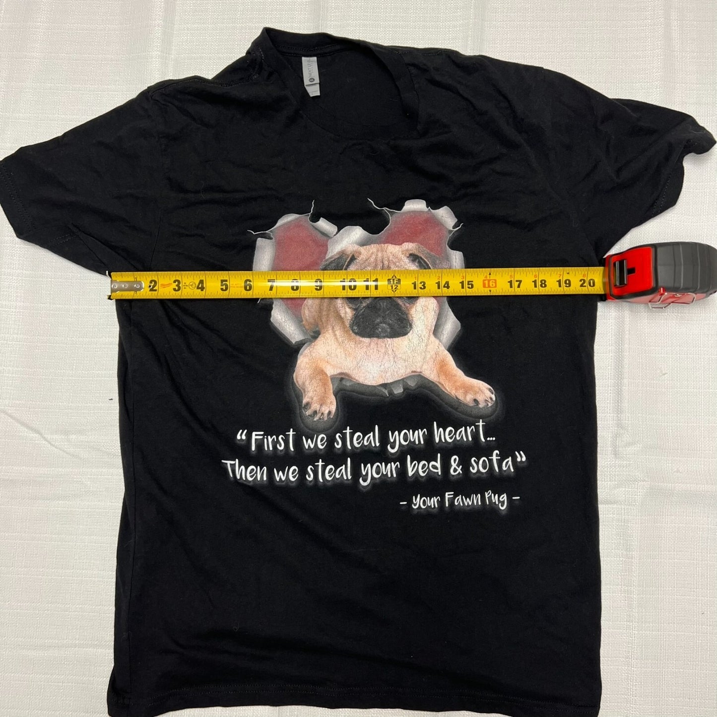 Your Fawn Pug "First we steal your heart..." Black Graphic T-Shirt (Large)