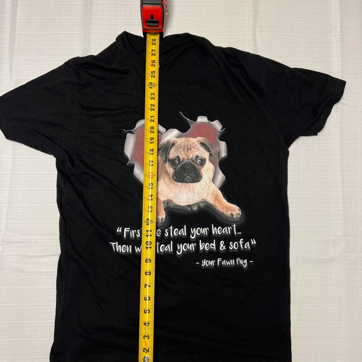 Your Fawn Pug "First we steal your heart..." Black Graphic T-Shirt (Large)
