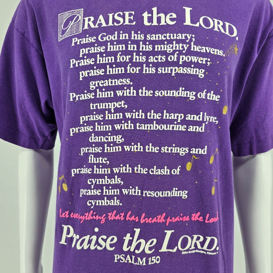 Vintage 1990s Alpha Omega Designs Praise the Lord Psalm 150 Purple T-Shirt (XL)