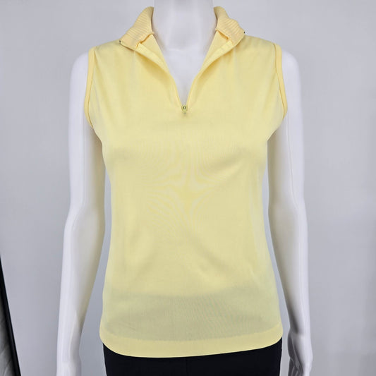 Vintage 1990s Women's Butter Yellow Knit Mock Neck Sleeveless Zip Top (S/M)