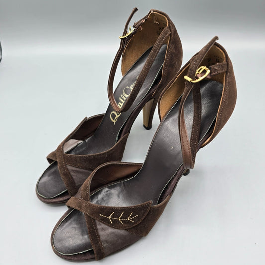 Vintage 1970s QualiCraft Brown Faux-Suede & Mesh Ankle-Strap High Heels (7B)