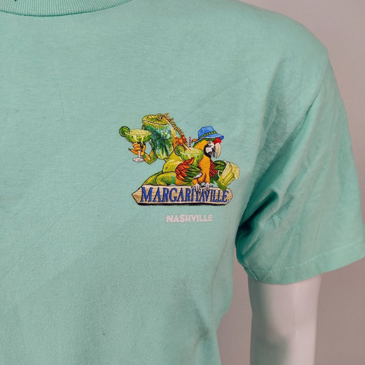 Margaritaville Nashville Back Song Name Signs Aqua Graphic T-Shirt (M) *FLAWED*