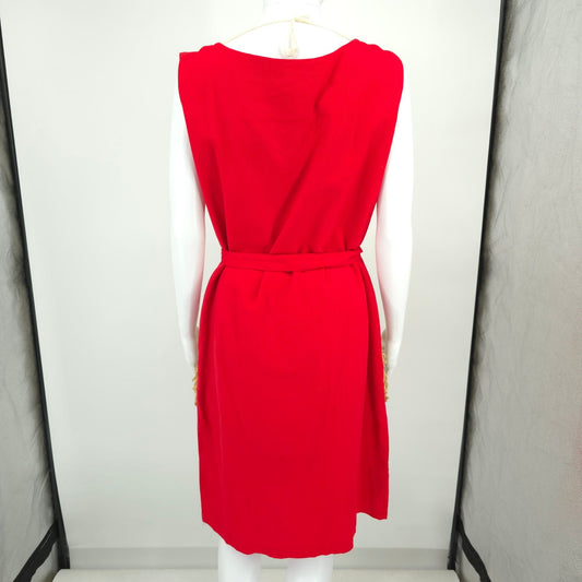 Vintage 1960s Red Button-Front Fringe Pocket Sleeveless Shift Dress (XL)