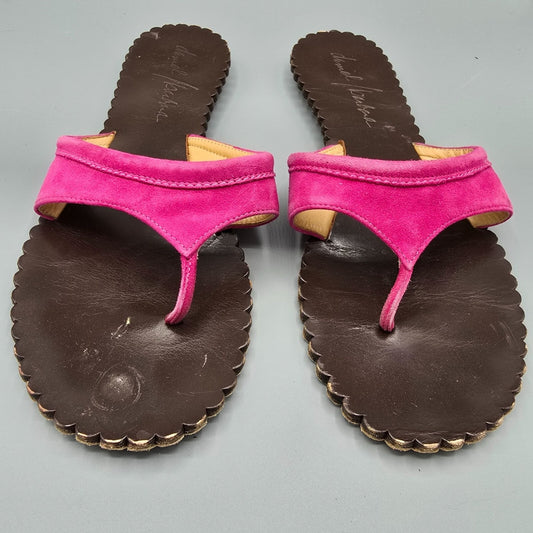 Daniel Barbara Pink Suede & Brown Leather Scalloped Thong Sandals (10M)