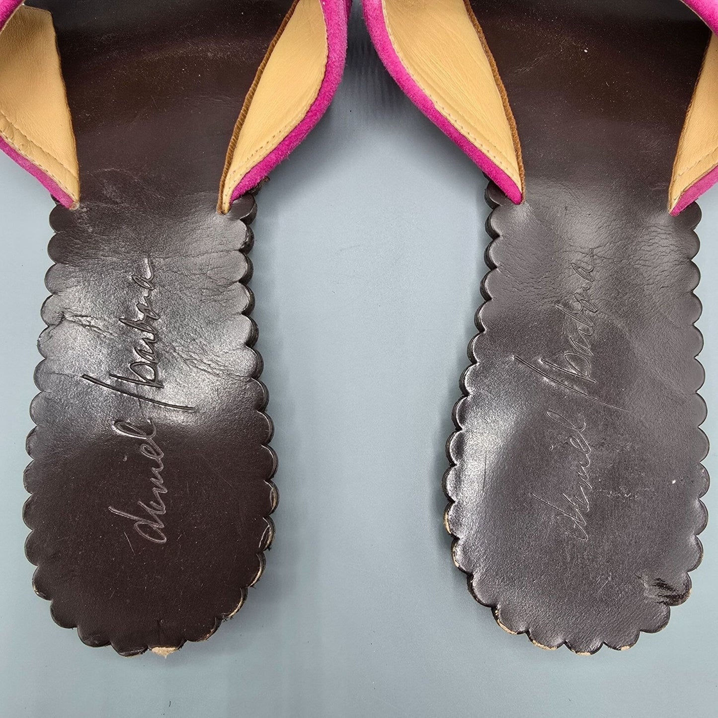 Daniel Barbara Pink Suede & Brown Leather Scalloped Thong Sandals (10M)