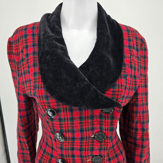 Vintage 1940s Raymond New York Velvet Collar Tartan Plaid Wool Long Coat (S)