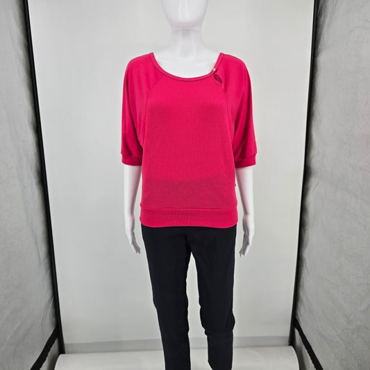 Vintage 1980s Miss Kalico California Pink Waffle Knit Batwing Pullover Top (M)