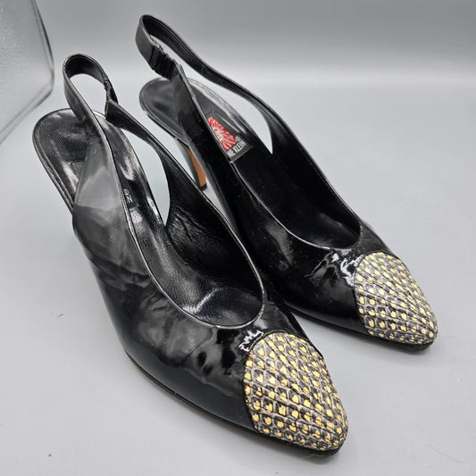 Vintage 1980s Anne Klein Made in Italy Black Patent Cap-Toe Slingback Heels (7M)