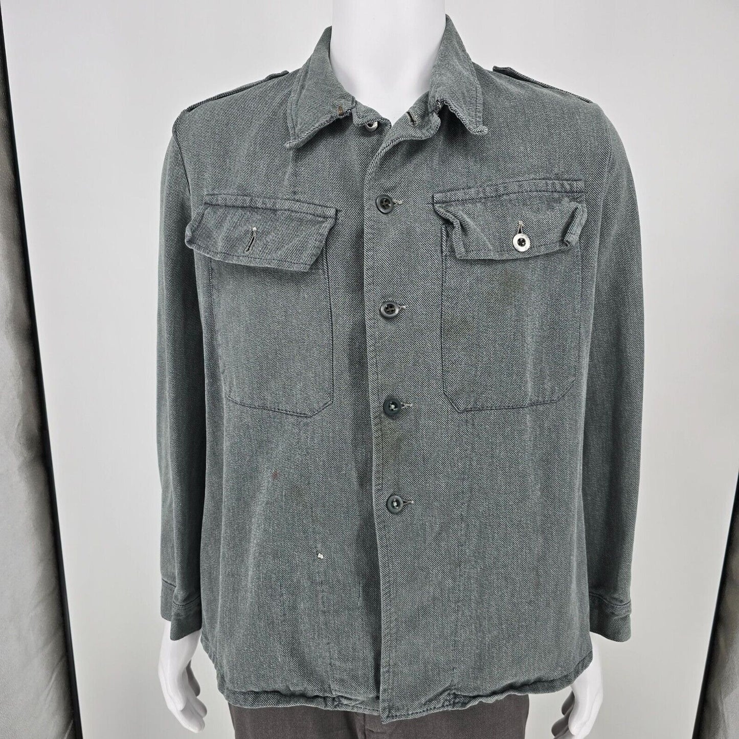 Vintage Distressed Gray Denim Swiss Army Patrol/ Prison Workwear Denim Jacket -L