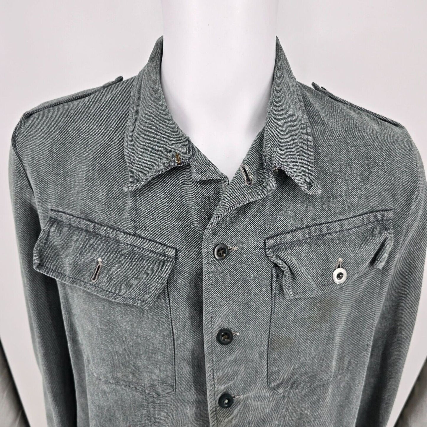 Vintage Distressed Gray Denim Swiss Army Patrol/ Prison Workwear Denim Jacket -L