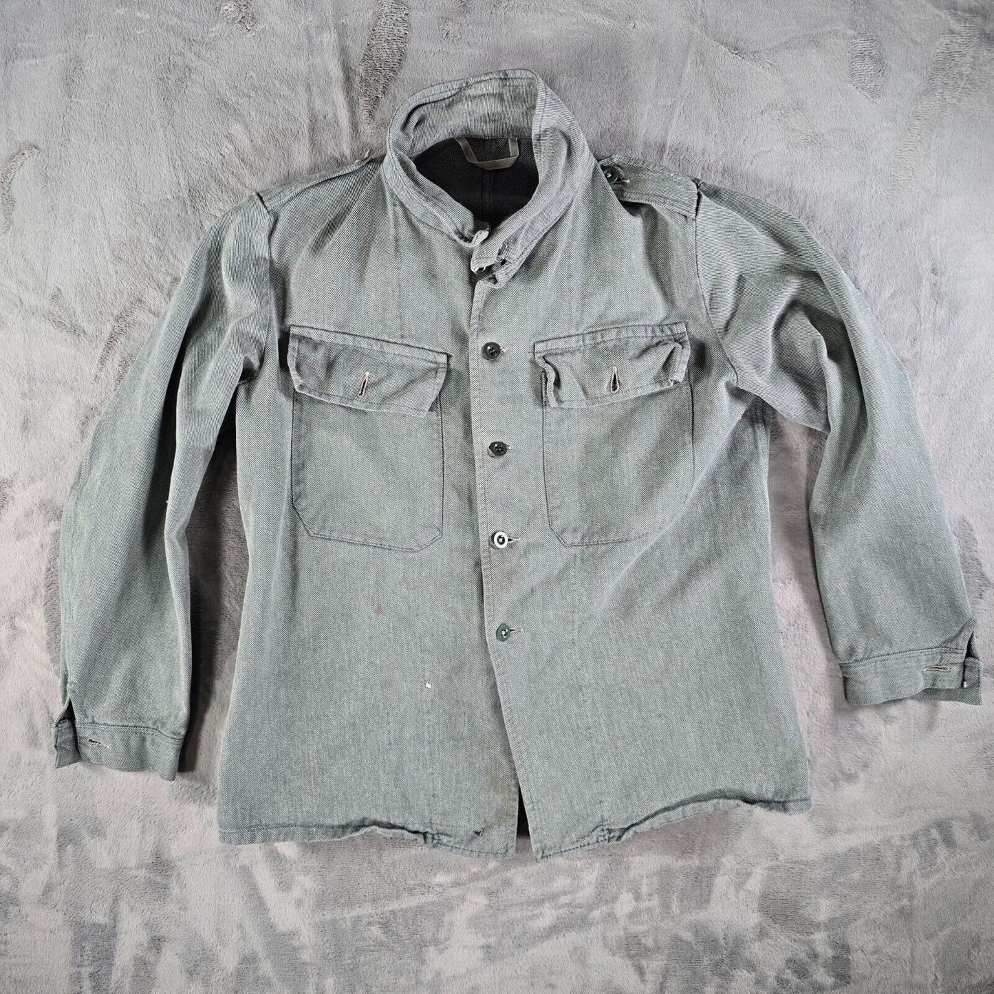 Vintage Distressed Gray Denim Swiss Army Patrol/ Prison Workwear Denim Jacket -L