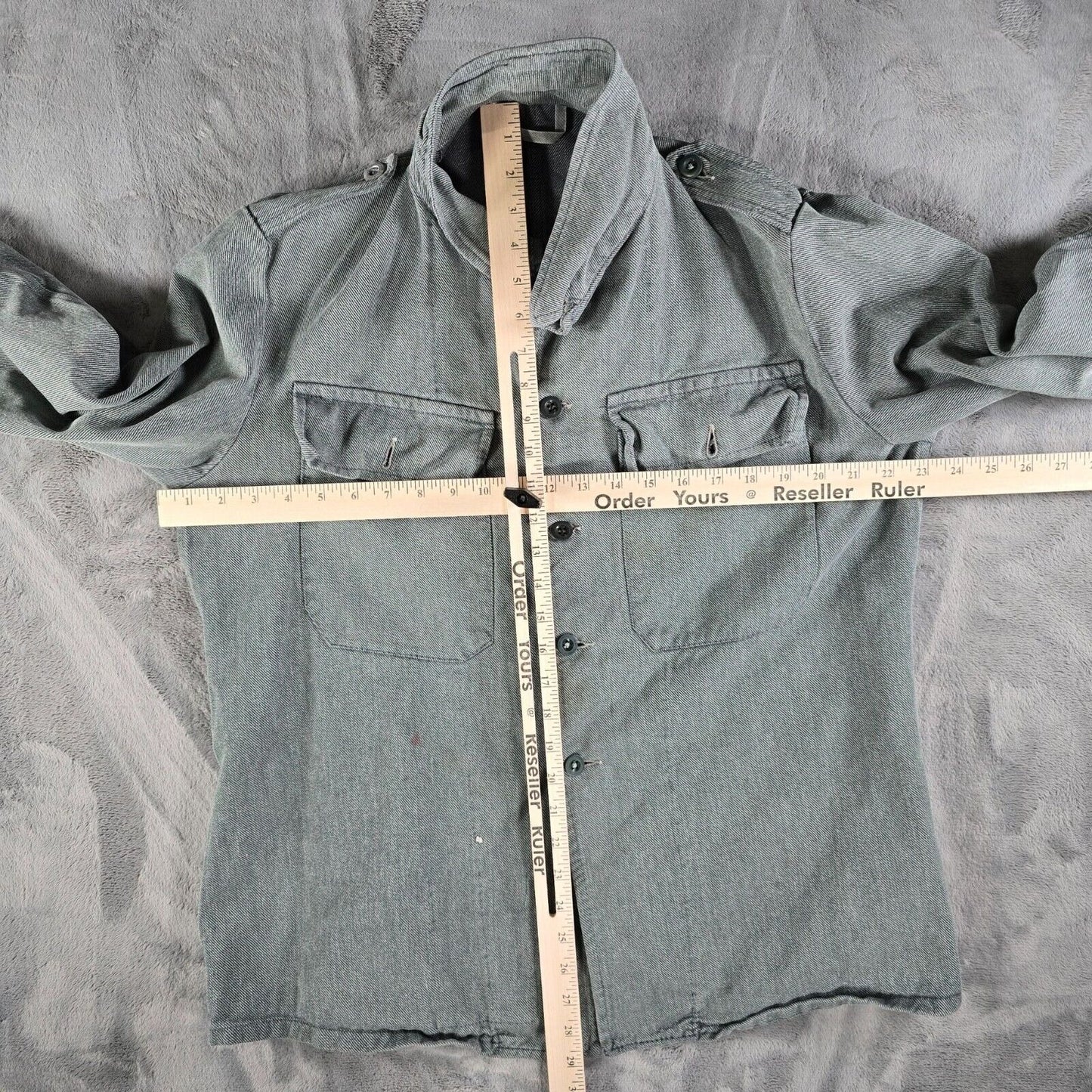 Vintage Distressed Gray Denim Swiss Army Patrol/ Prison Workwear Denim Jacket -L