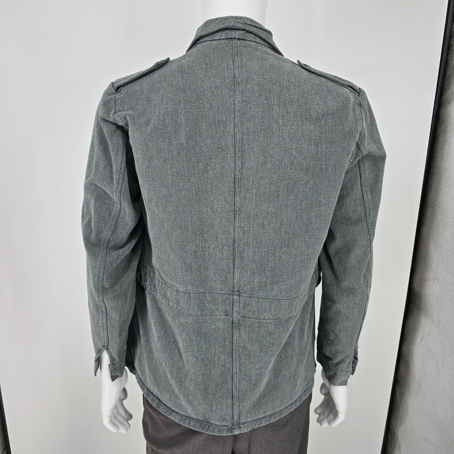 Vintage Distressed Gray Denim Swiss Army Patrol/ Prison Workwear Denim Jacket -L