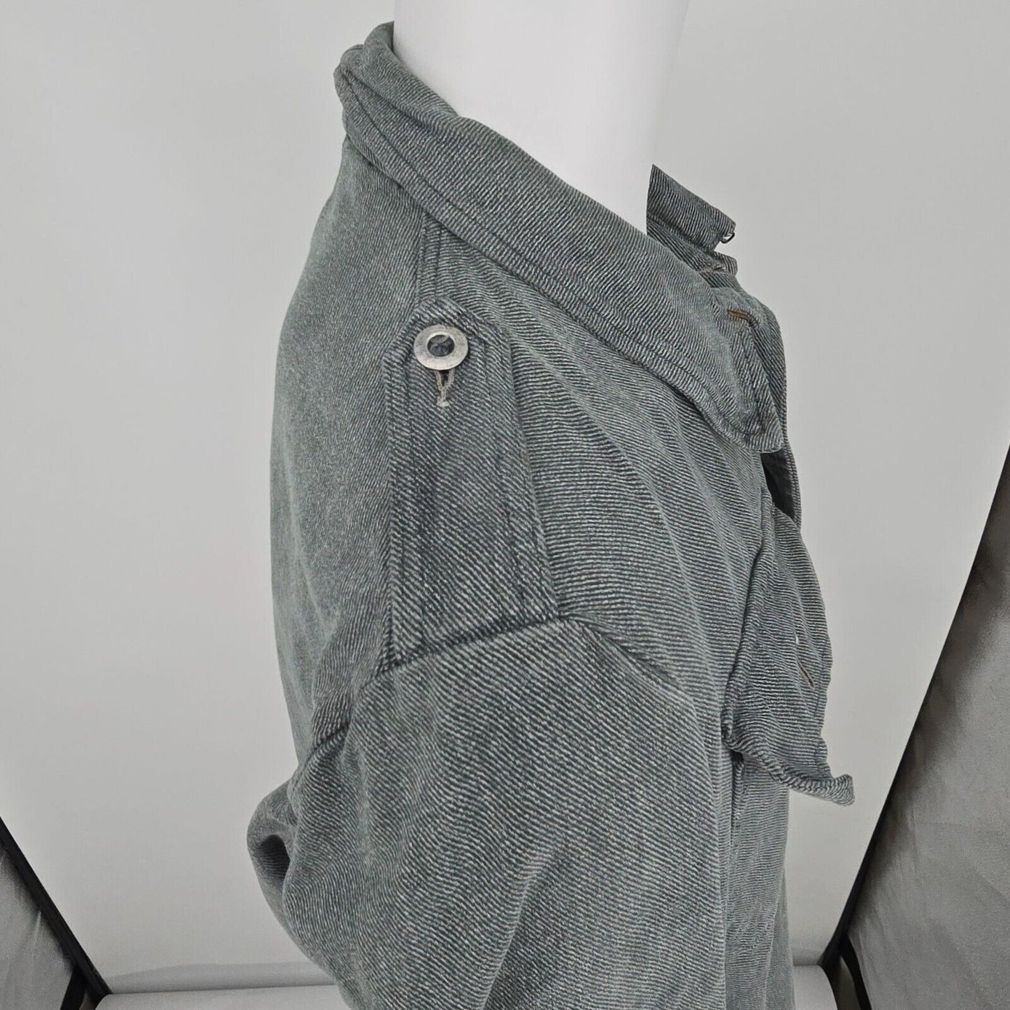 Vintage Distressed Gray Denim Swiss Army Patrol/ Prison Workwear Denim Jacket -L