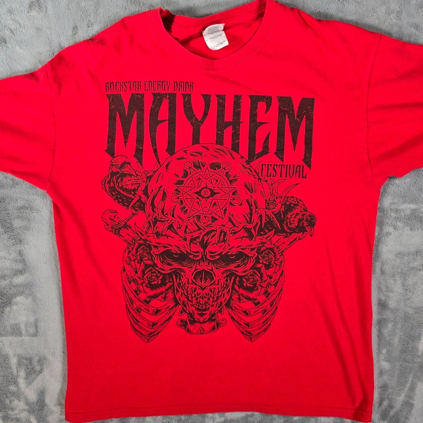 2011 Rockstar Energy Drink Mayhem Festival Heavy Metal Red T-Shirt (L) *FLAW