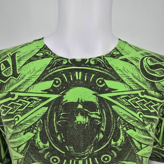 Y2K Revolutionary Rebel Strife Action Conquers Fear Green Graphic T-Shirt (XXL)