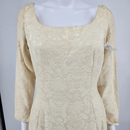 Vintage 1960s Ivory Brocade A-Line Gown Formal/Wedding Dress (Size 8/M) *Flaws