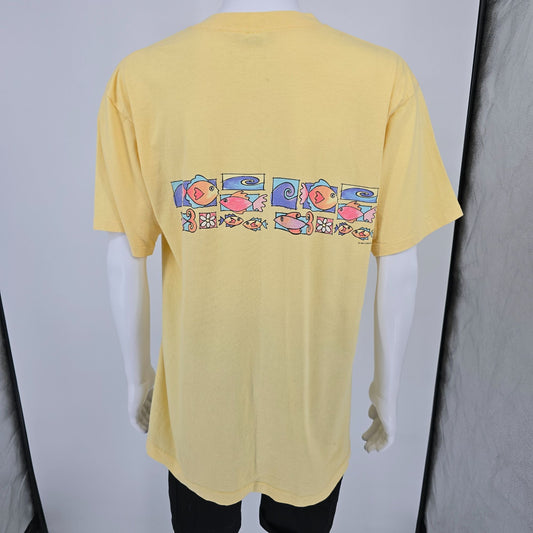 Vintage 1990s CYRK Sport Yellow Banded Watercolor Fish Graphic T-Shirt (Large)