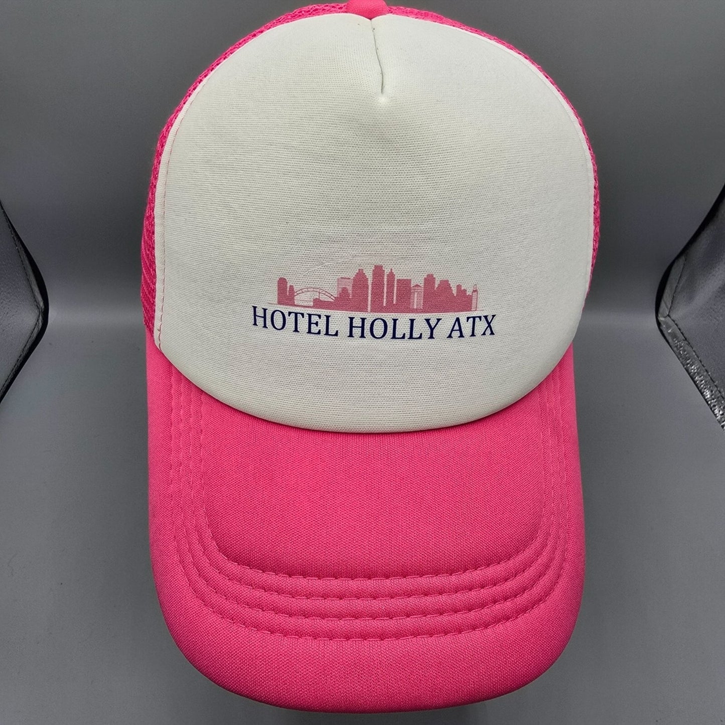 Hotel Holly ATX Austin Texas Pink & White Mesh Snapback Women's Trucker Hat