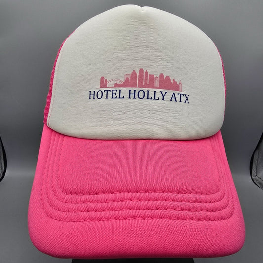 Hotel Holly ATX Austin Texas Pink & White Mesh Snapback Women's Trucker Hat