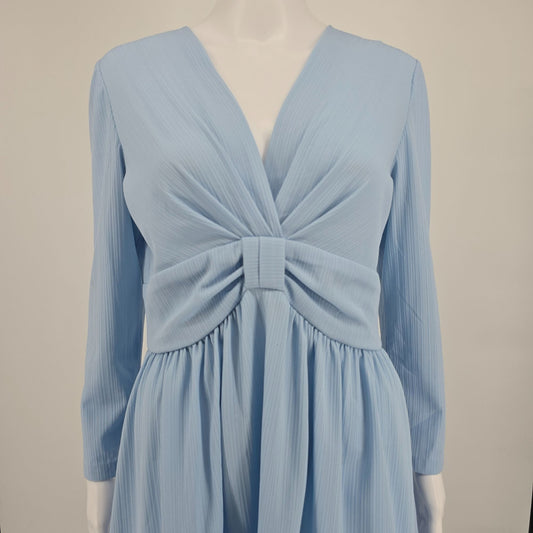 Vintage Early 1970s Pale Blue Ruched Bow V-Neck Long Sleeve Mod Minidress (M)