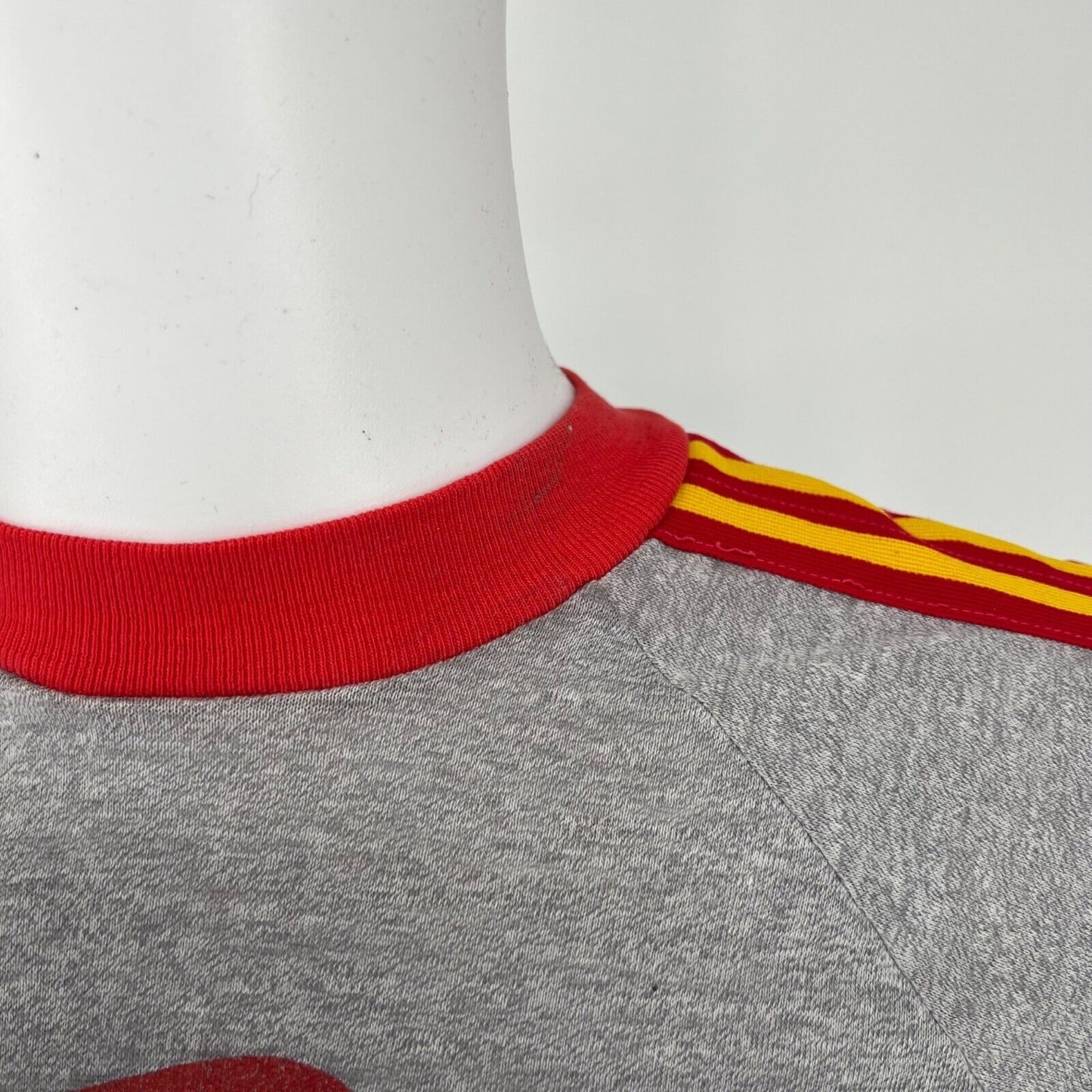Vintage 70s/80s Gray Oberlin College Red/Yellow Shoulder Stripe T-Shirt (XXS)