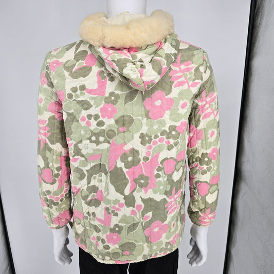 Vintage 1960s Unbranded Talon Zip Faux Fur Collar Floral Quilted Mod Jacket (M)