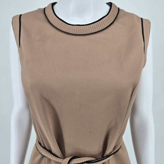 Vintage 1970s Unbranded Taupe Knit Contrast Trim Belted Shift Dress (Large)