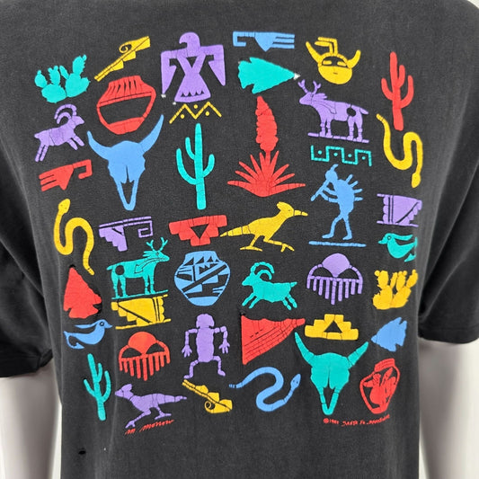 Distressed Vintage 1990s Santa Fe Sportswear Southwestern Symbols T-Shirt (XL)