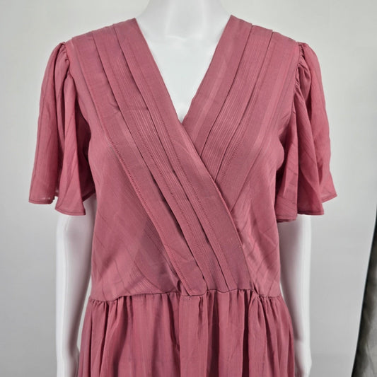 Vintage 1970s Dusty Pink Flutter Sleeve Surplice Wrap Maxi Dress (Size 12/L)