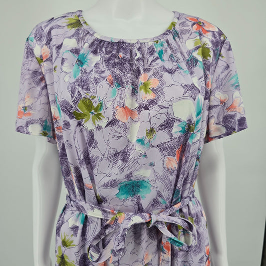 Vintage 1970s Three R's Lilac Watercolor Floral Knit Belted Midi Day Dress (XL)
