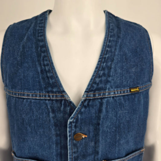 Vintage 1970s Maverick Automaticks Men's Western Blue Jean V-Neck Denim Vest (L)