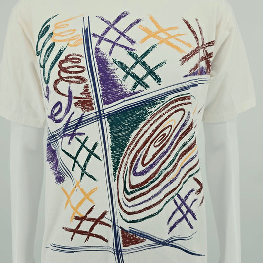 Vintage 1990 Body Force White Memphis-Style Abstract Art Print T-Shirt (M/L)